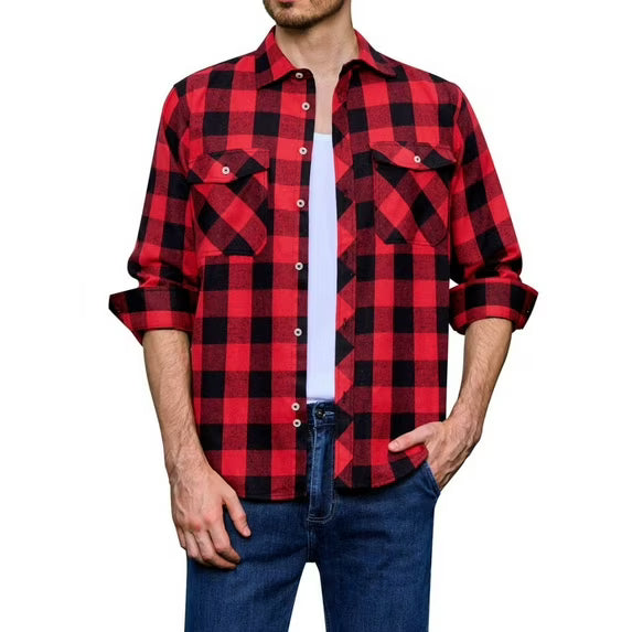 Alimens & Gentle Mens Long Sleeve Red Plaid Flannel Shirts